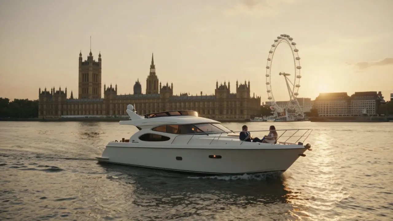 A quiet sunset cruise on the Thames with a classic yacht and two people enjoying the view.
