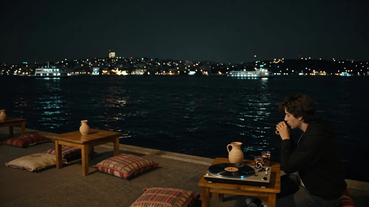 A quiet waterfront bar by the Bosphorus at midnight, with a person drinking liqueur as ferry lights glide by.