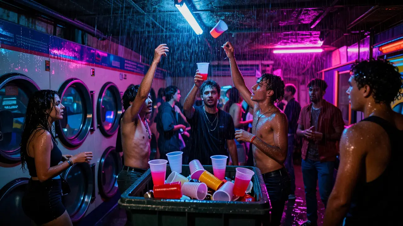 A rain-triggered underground rave with strobes, wet concrete, and people moving in darkness.