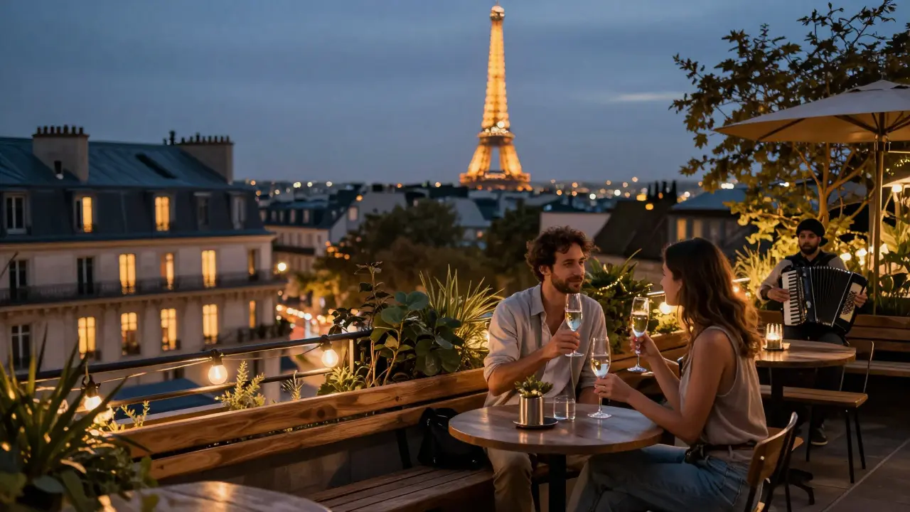A rooftop garden in Paris at night with string lights, a couple drinking, and the Eiffel Tower glowing in the distance.