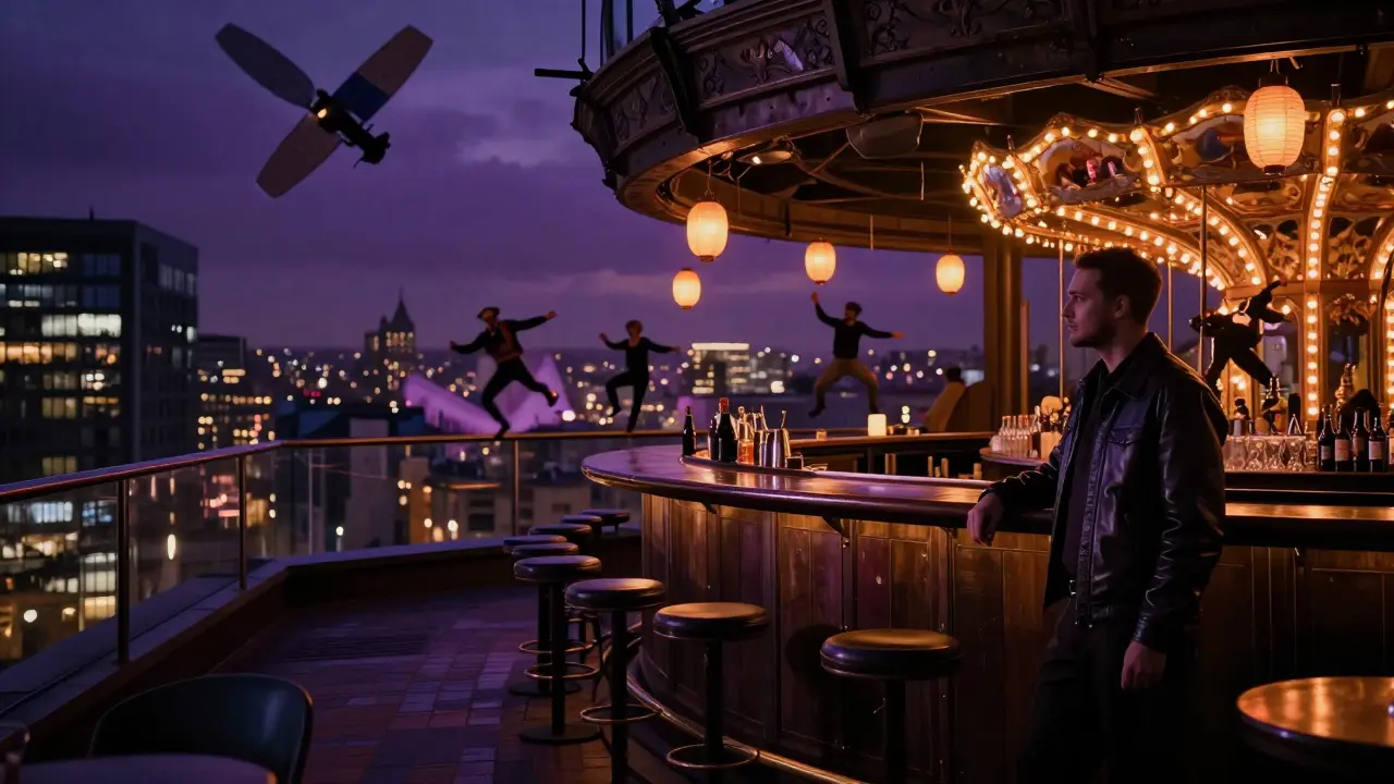 A rooftop party with people dancing like a carousel under floating lanterns, city lights below.