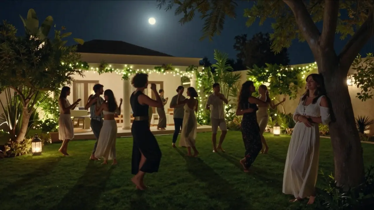 A secret garden party at night with people dancing under lanterns, no phones, just music and moonlight.