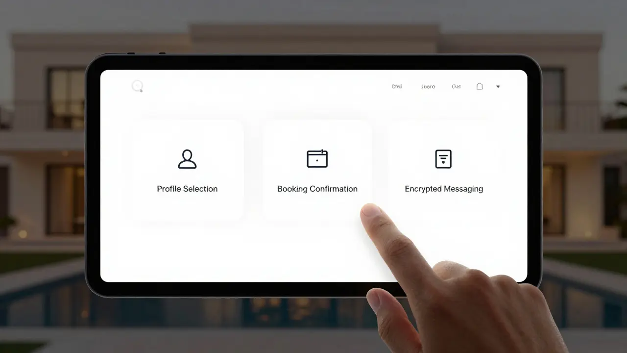 A secure digital client portal interface with discreet UI elements glowing in a dark room.