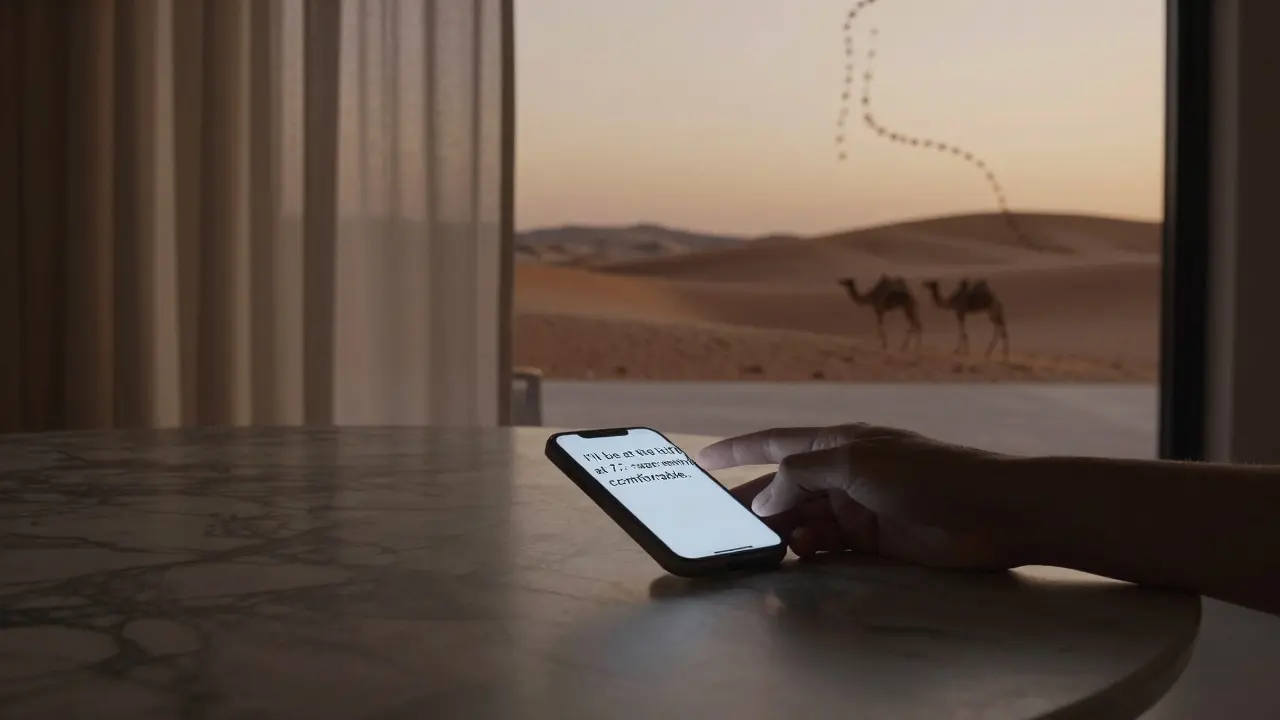A single text message on marble table at dusk, hinting at discreet luxury, with desert sunset glowing through sheer curtains.
