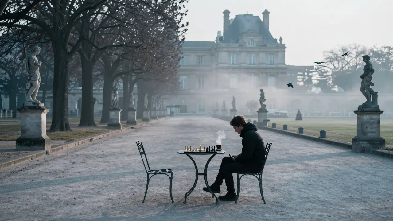 A solitary figure at dawn in Luxembourg Garden, coffee and chess pieces beside them under quiet trees.