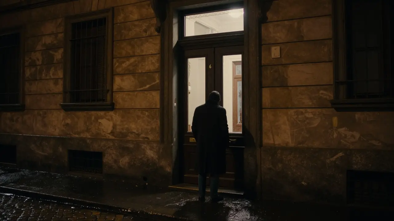 A solitary figure hesitating before knocking on a discreet Milan apartment door at night in the rain.