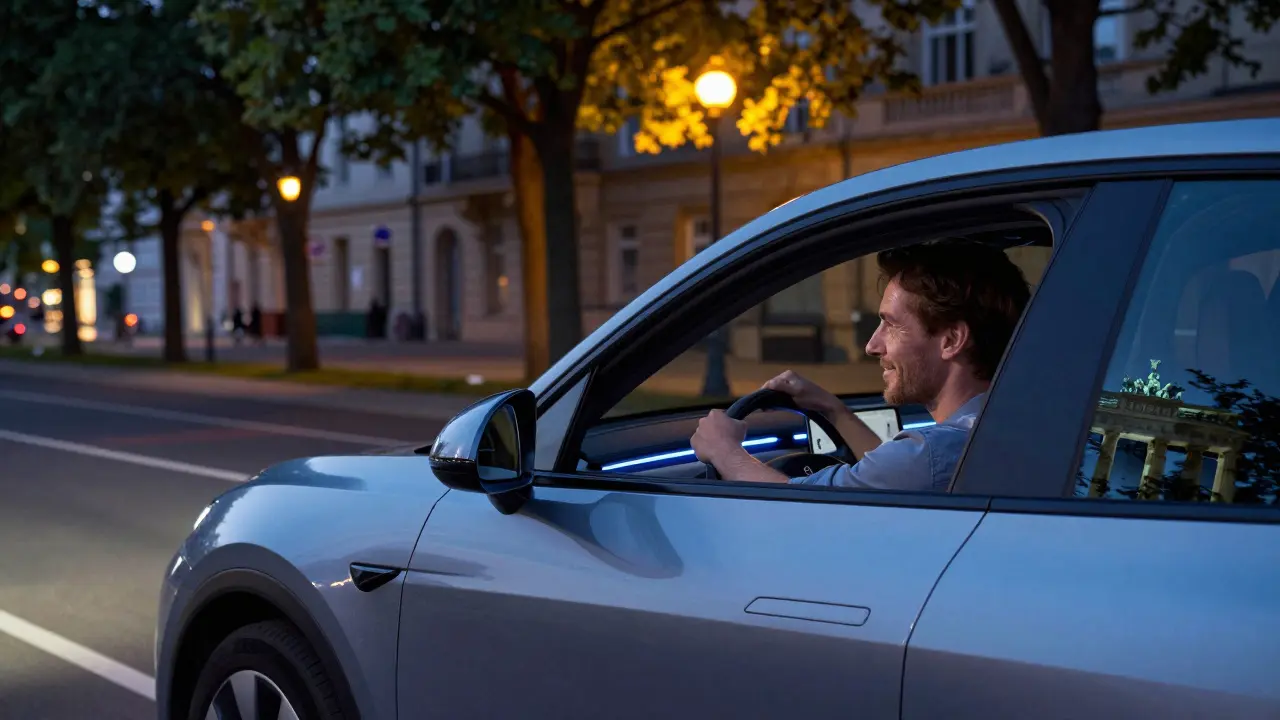 A solo traveler and companion riding in a sleek electric car through Berlin at dusk.