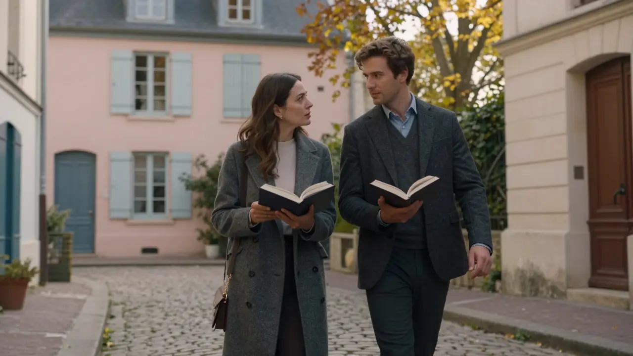 A well-dressed companion points out a hidden courtyard in Le Marais, walking beside a client under soft morning light.