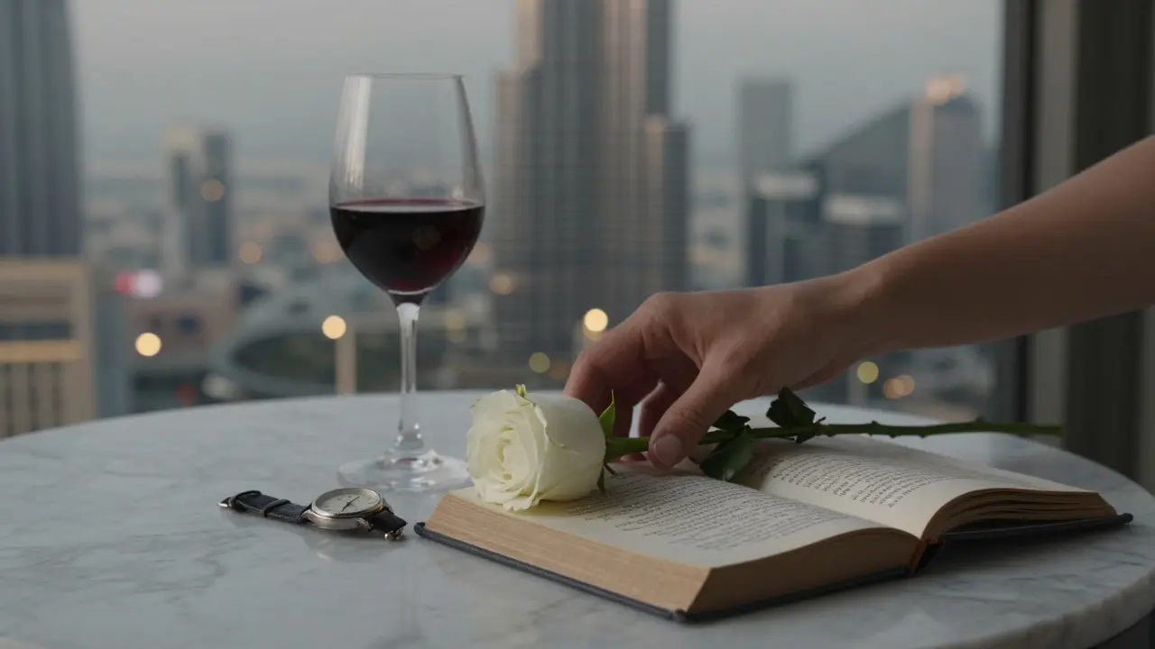 A white rose, open book of poetry, and wine glass on marble beside the glowing skyline of Dubai.