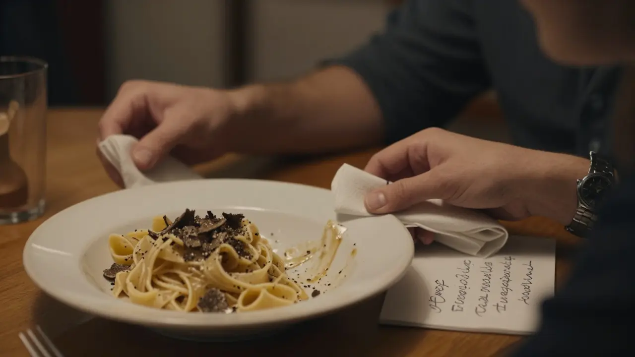 A woman's hand places a napkin beside a plate of pasta in a cozy Milanese trattoria, conveying quiet, thoughtful care.