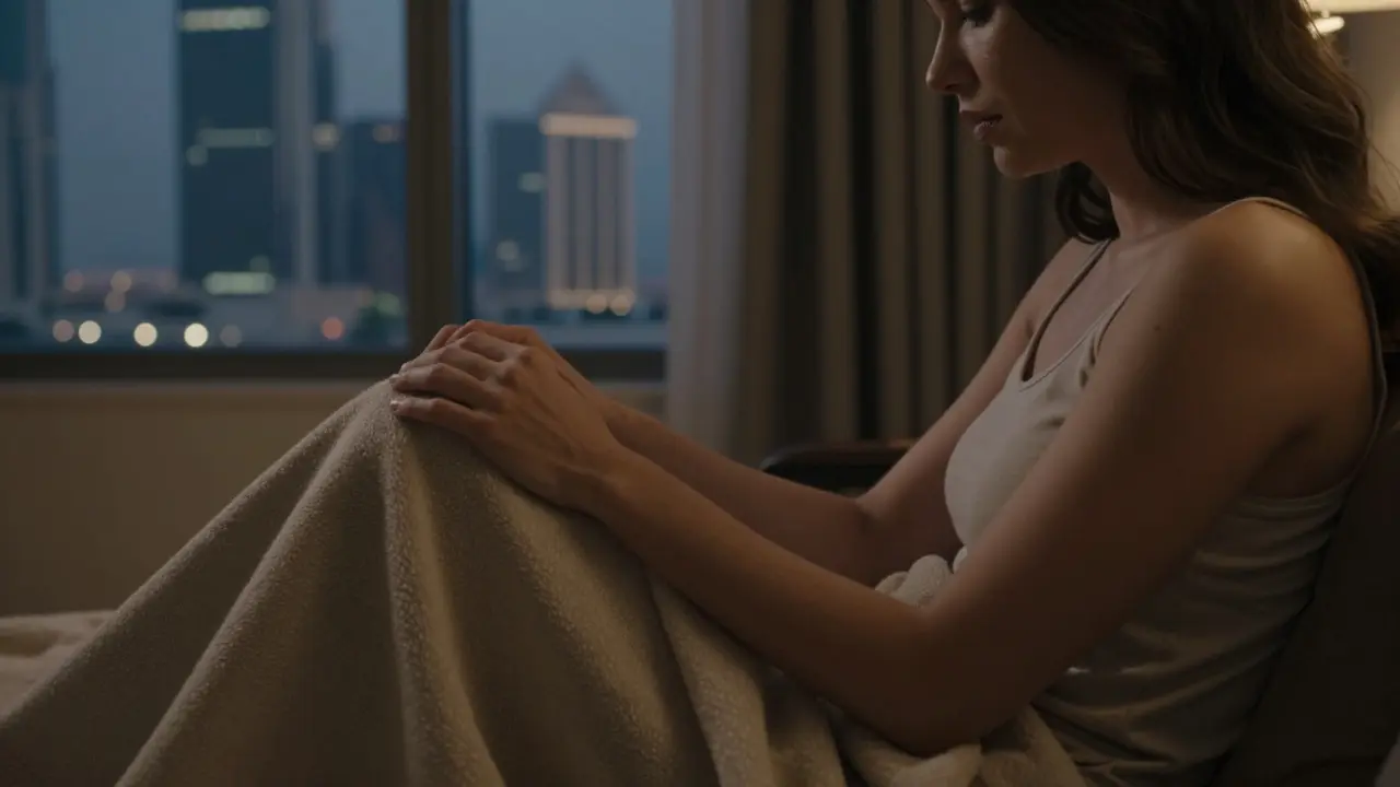 A woman gently drapes a blanket over a man’s lap in a hotel suite, offering silent comfort at twilight.