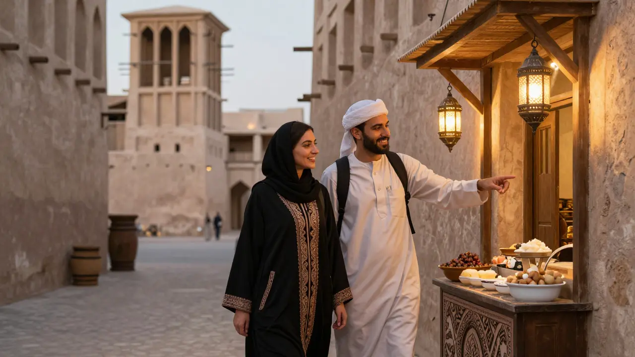 A woman guiding a traveler through a historic Dubai alley to a local dessert spot at dusk.