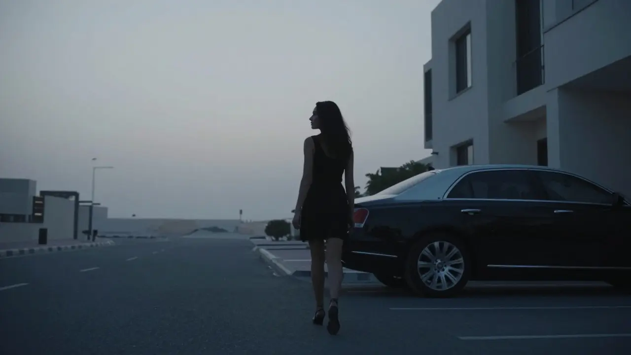 A woman walks away from a luxury car at dawn, leaving no trace—discreet, calm, and unseen.