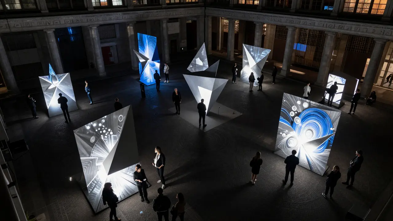 Abstract art installation at Milan's Pirelli Hangar Bicocca during Design Week events.