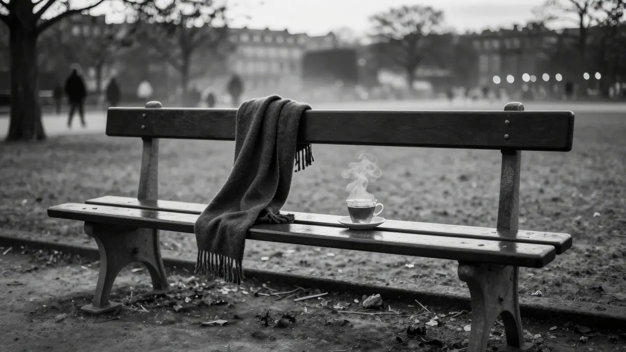 An empty bench in Luxembourg Gardens with a scarf and teacup left behind at twilight.