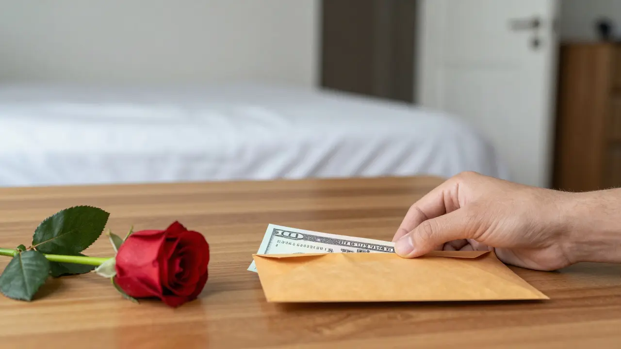 An envelope with cash placed beside a single rose on a wooden table, symbolizing respectful payment without demand.
