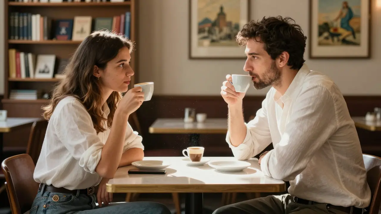 An expat and local woman chatting over espresso in a quiet Milan café, no phones, subtle signs of trust.