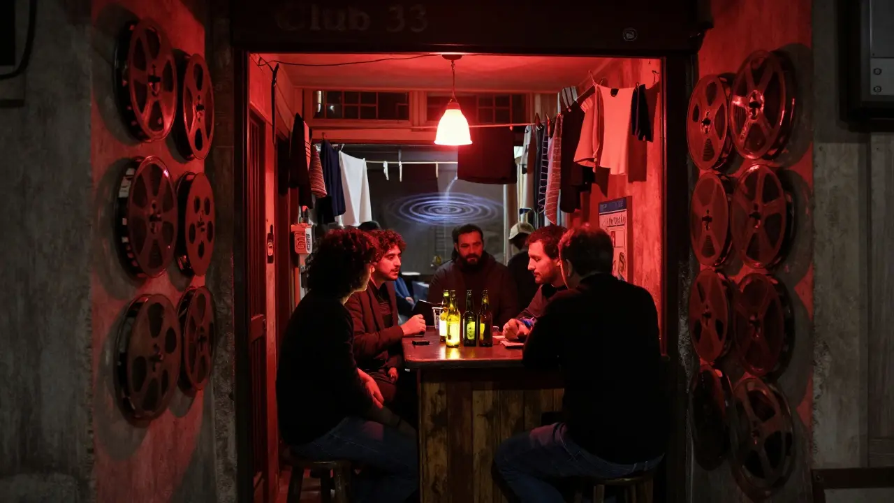 An underground club hidden behind a laundry shop, walls covered in old film reels, dimly lit with a small group of patrons.