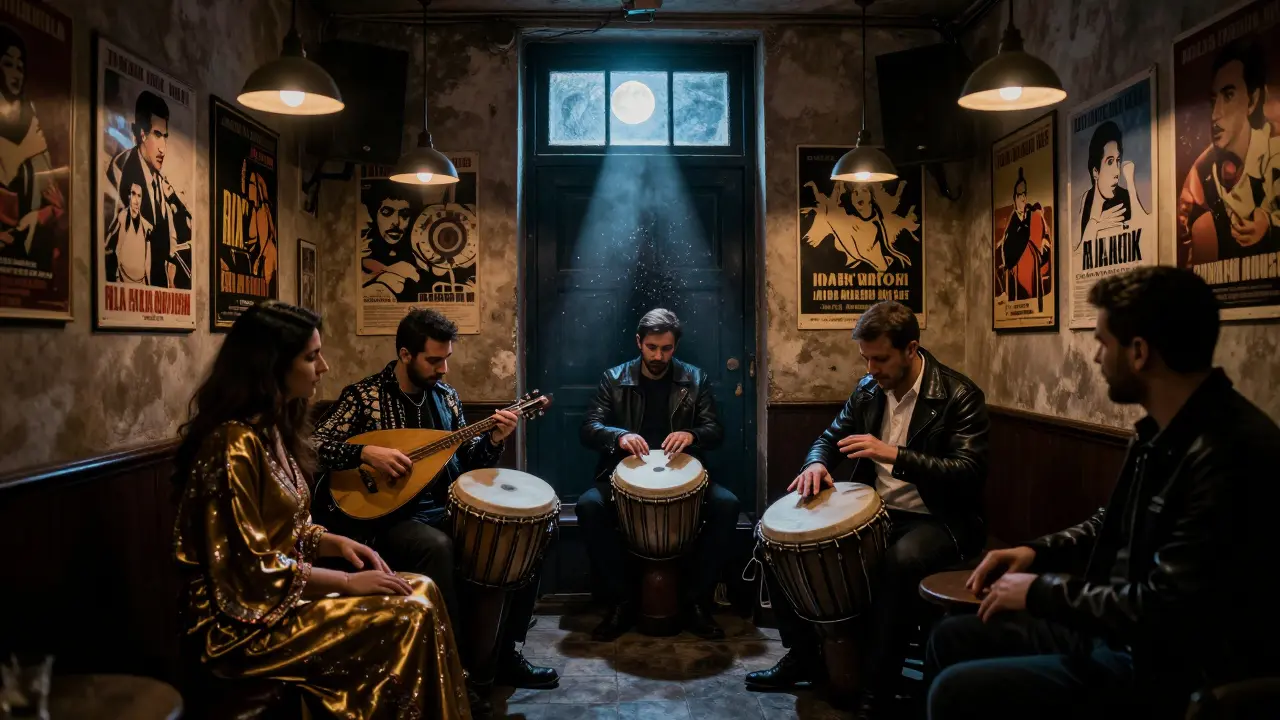 An underground club in Karaköy where jazz and techno blend, surrounded by vintage Turkish cinema posters and diverse patrons.
