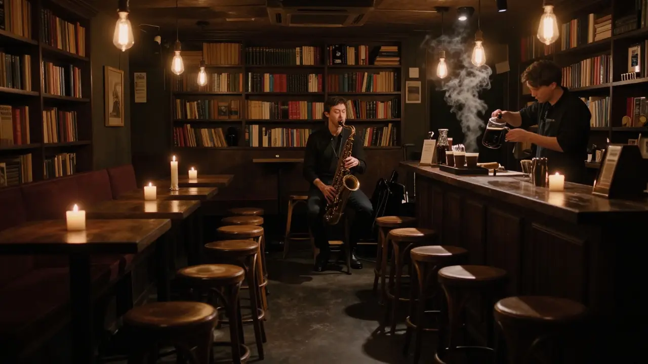 An underground jazz club with dim lighting, musicians playing on a small stage, patrons seated on wooden stools.