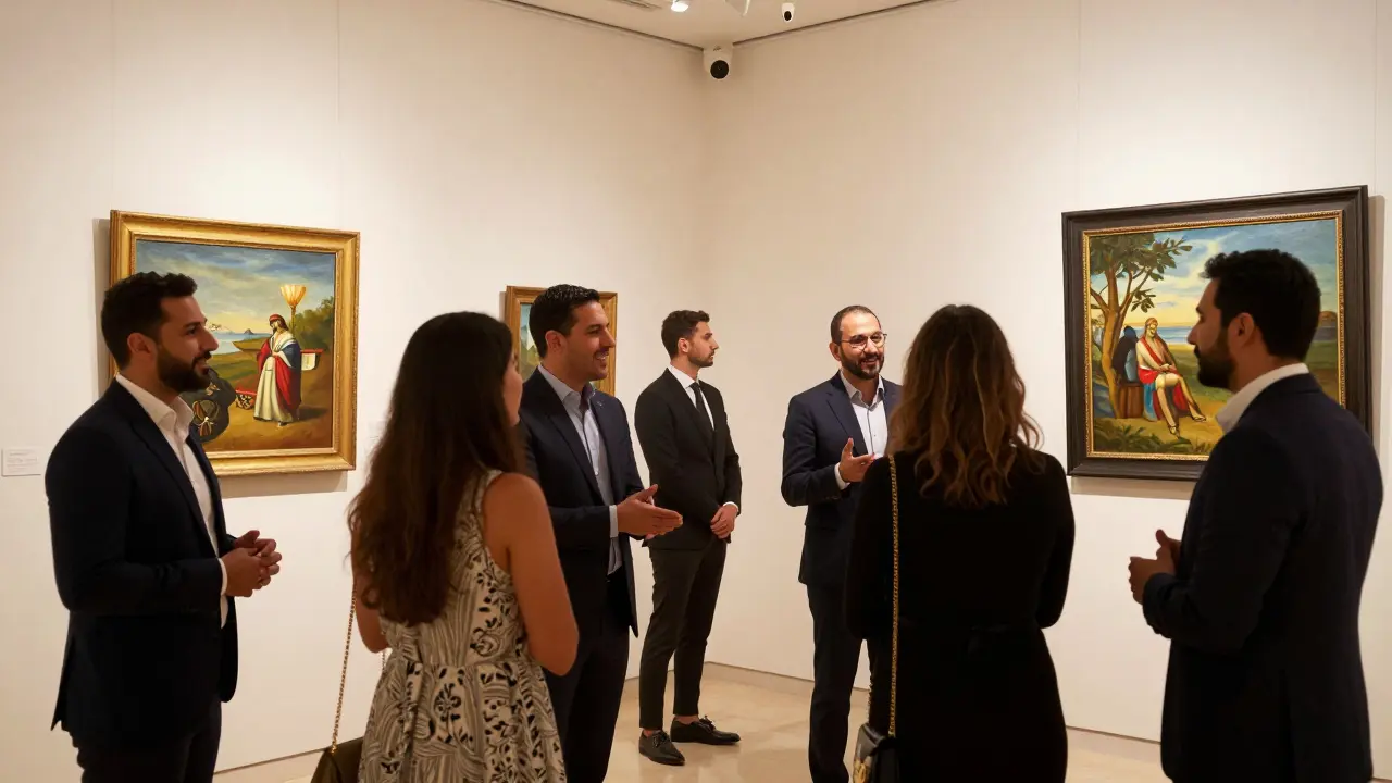 Clients and companions enjoying an art gallery opening in Abu Dhabi, engaging in cultured conversation.
