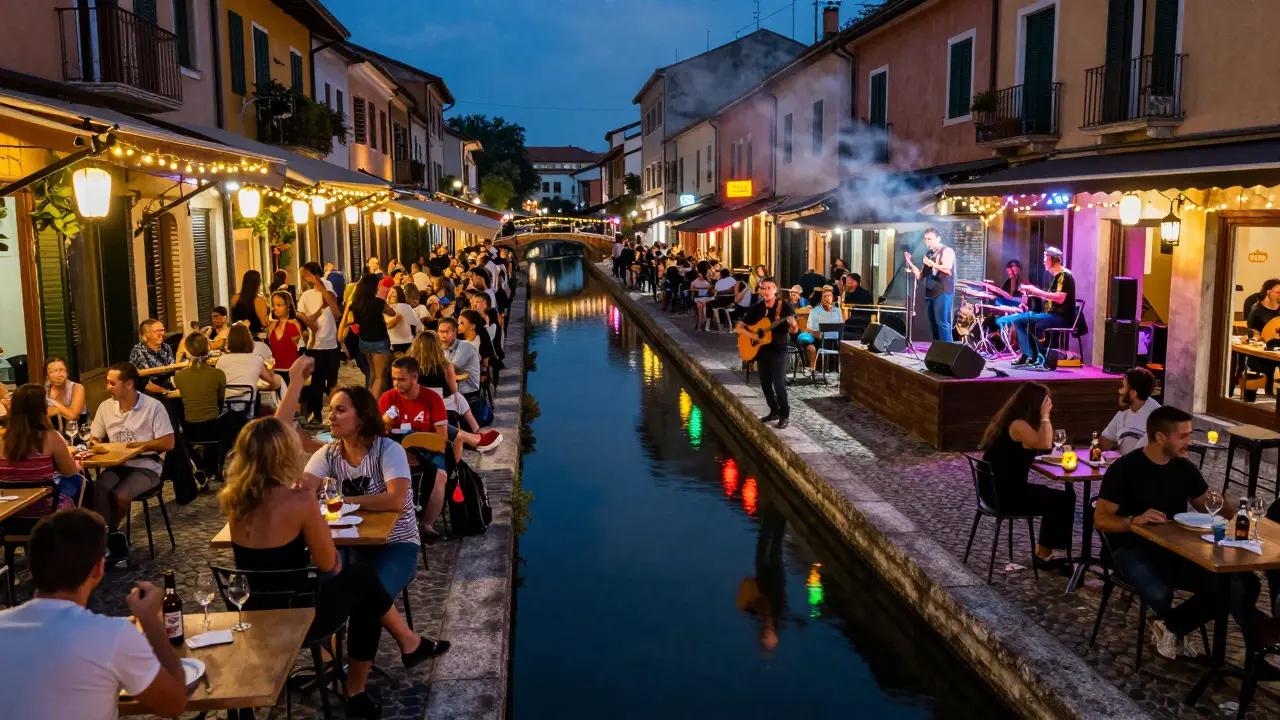 Crowd dancing by canalside terraces in Navigli, live music and fairy lights illuminating the night.