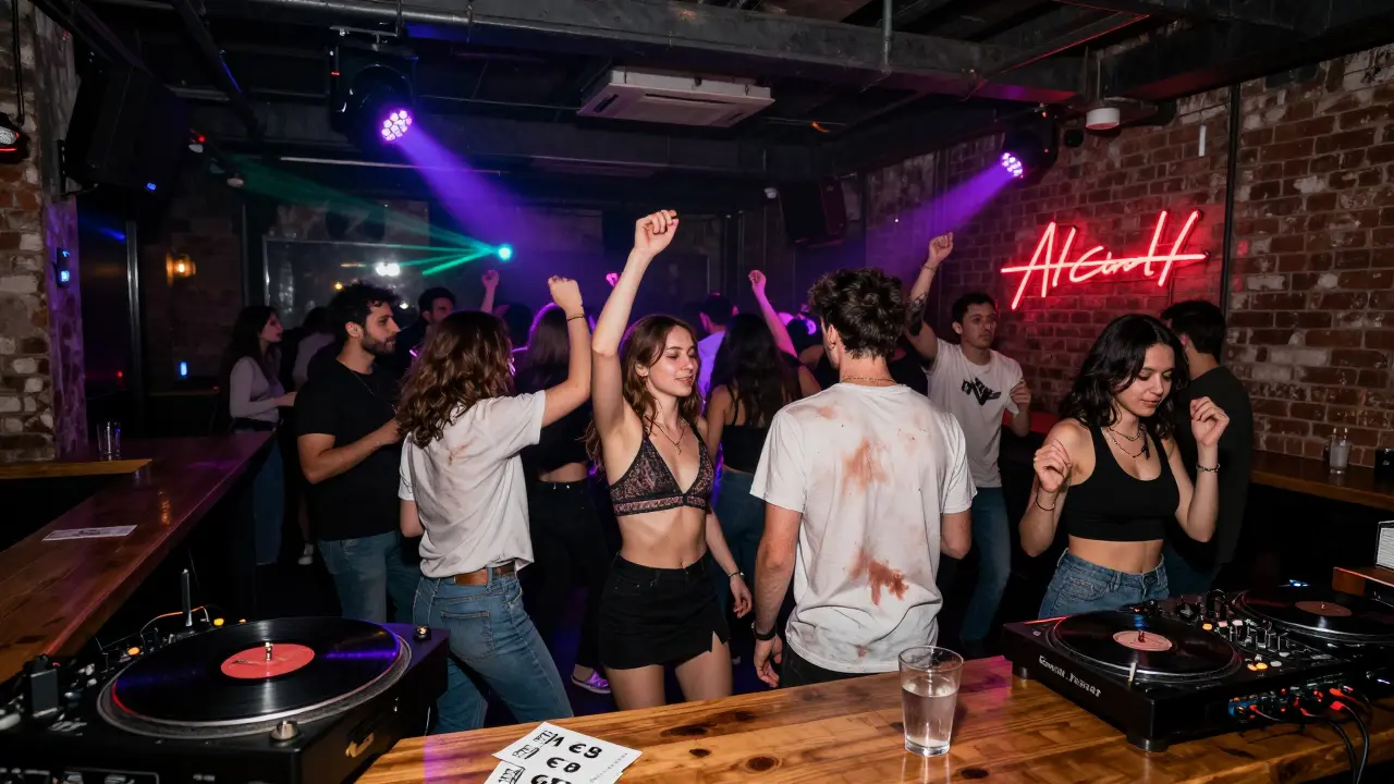 Crowd dancing in a gritty underground club with pulsing lights and a DJ spinning vinyl.