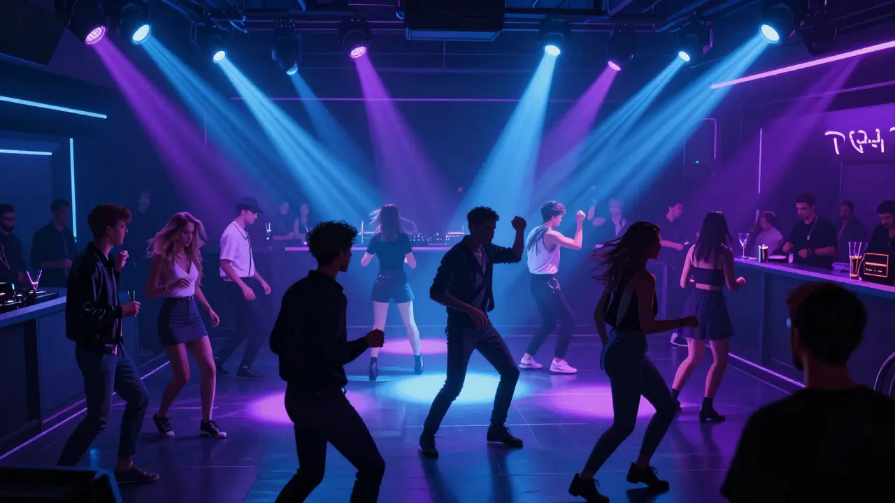 Dancers in a vibrant nightclub with strobe lights and electronic music, smart casual attire.