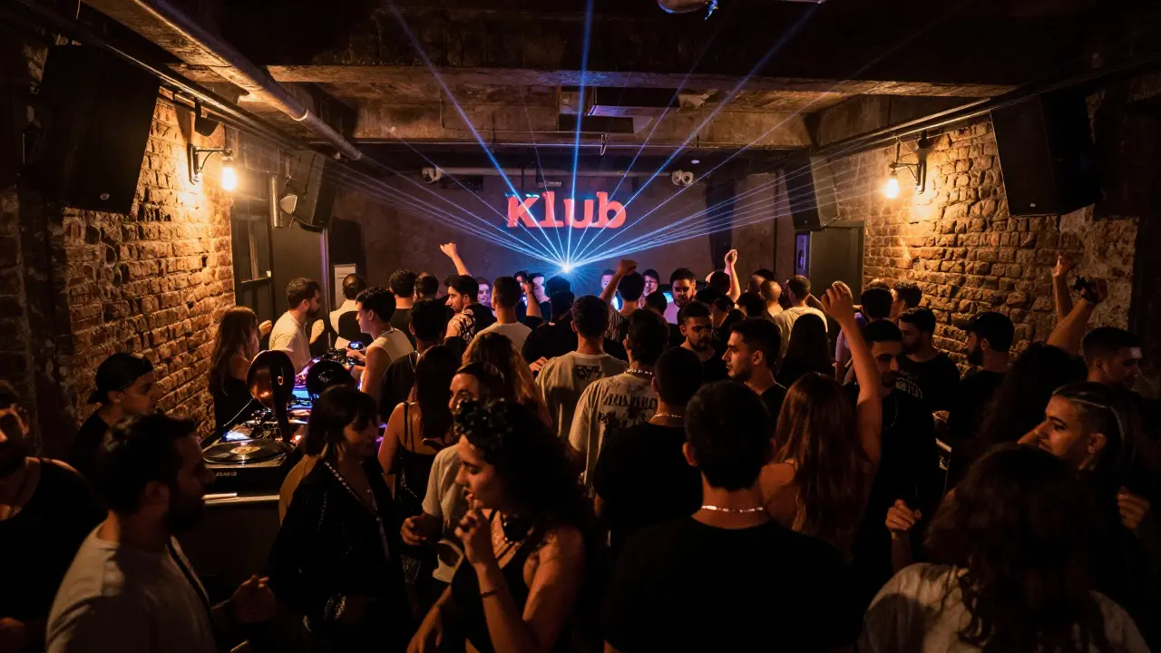 Dancers in an underground warehouse club in Kadıköy, illuminated by strobe lights and sound systems.