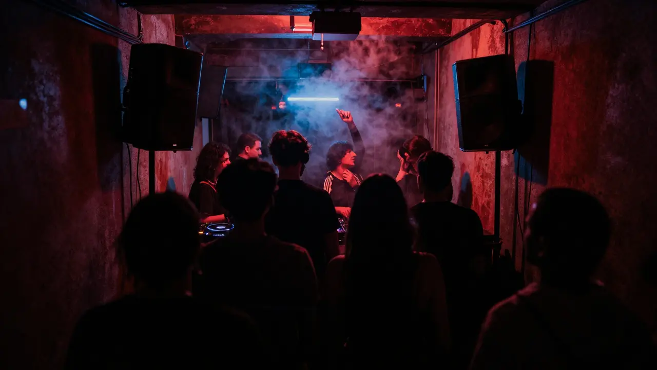 Dimly lit underground club with shadowy dancers and deep techno sound system.