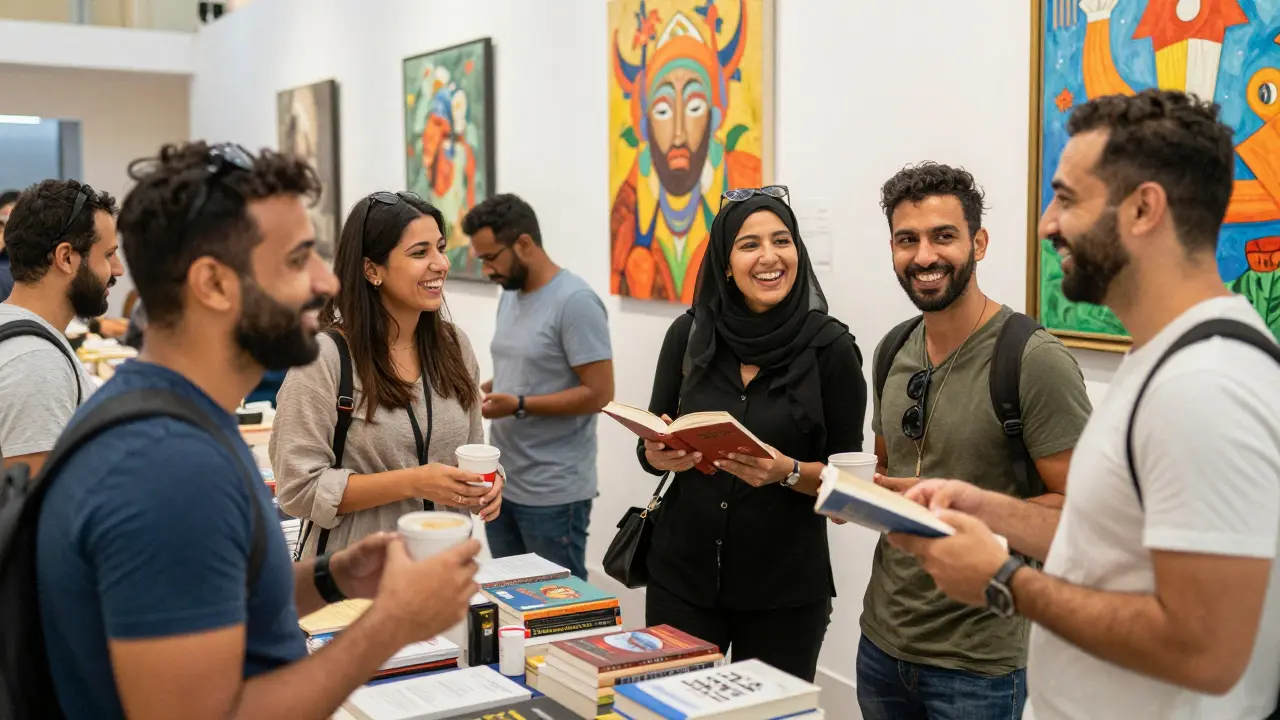 Diverse expats enjoying a cultural event in Dubai, connecting through conversation and shared activities.