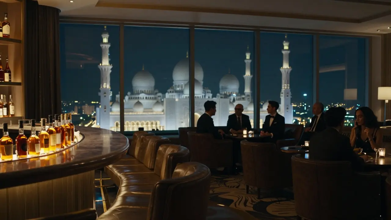 Elegant lounge on the 42nd floor with view of the lit-up Sheikh Zayed Grand Mosque.