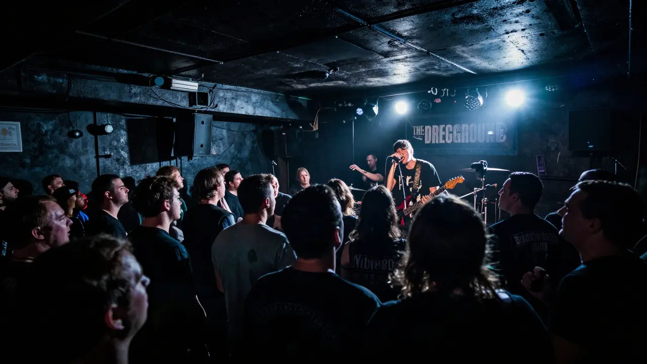 Gritty basement rock venue with intense crowd and guitar riffs