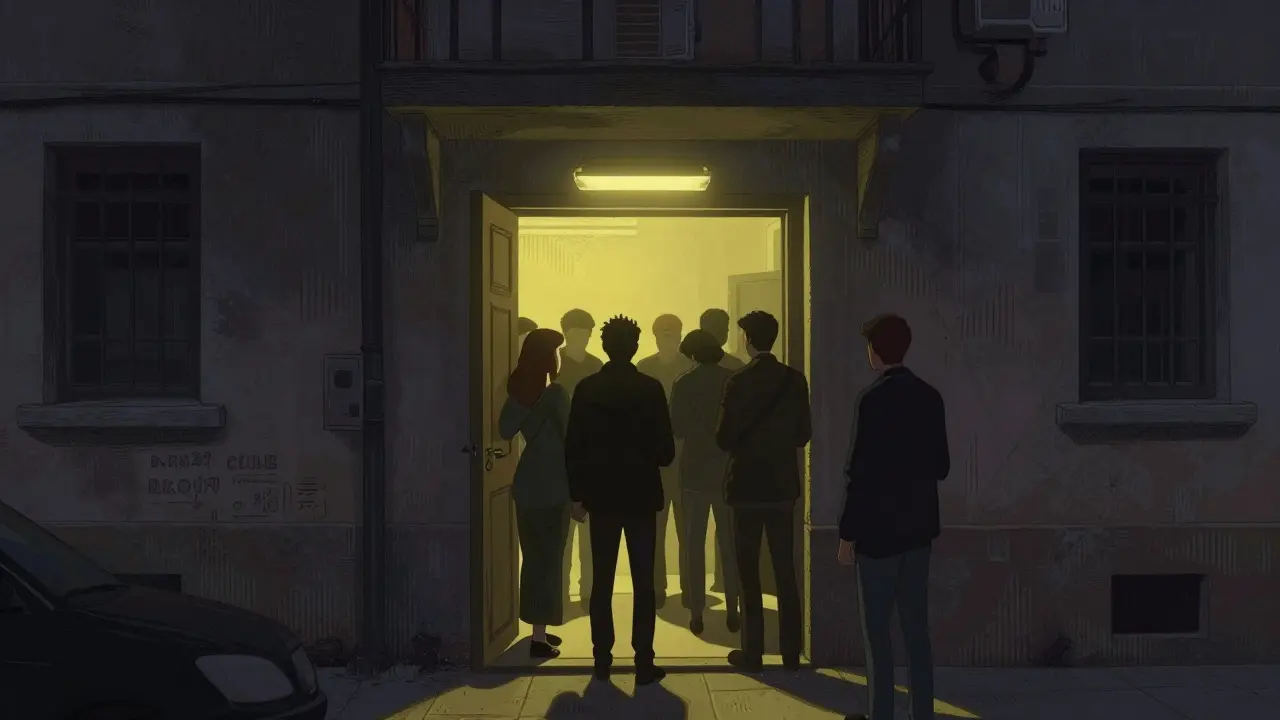 Hidden entrance to Karga club in Kadikoy, dim light, people entering quietly.