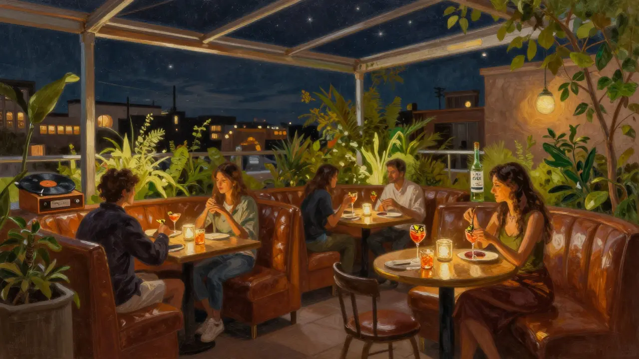 Hide rooftop garden with retractable roof and night sky, cocktail in hand.