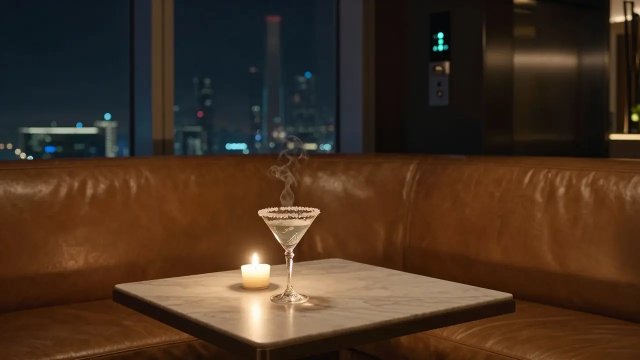 Intimate hidden rooftop lounge with candlelight, a signature cocktail, and a silent, exclusive atmosphere.