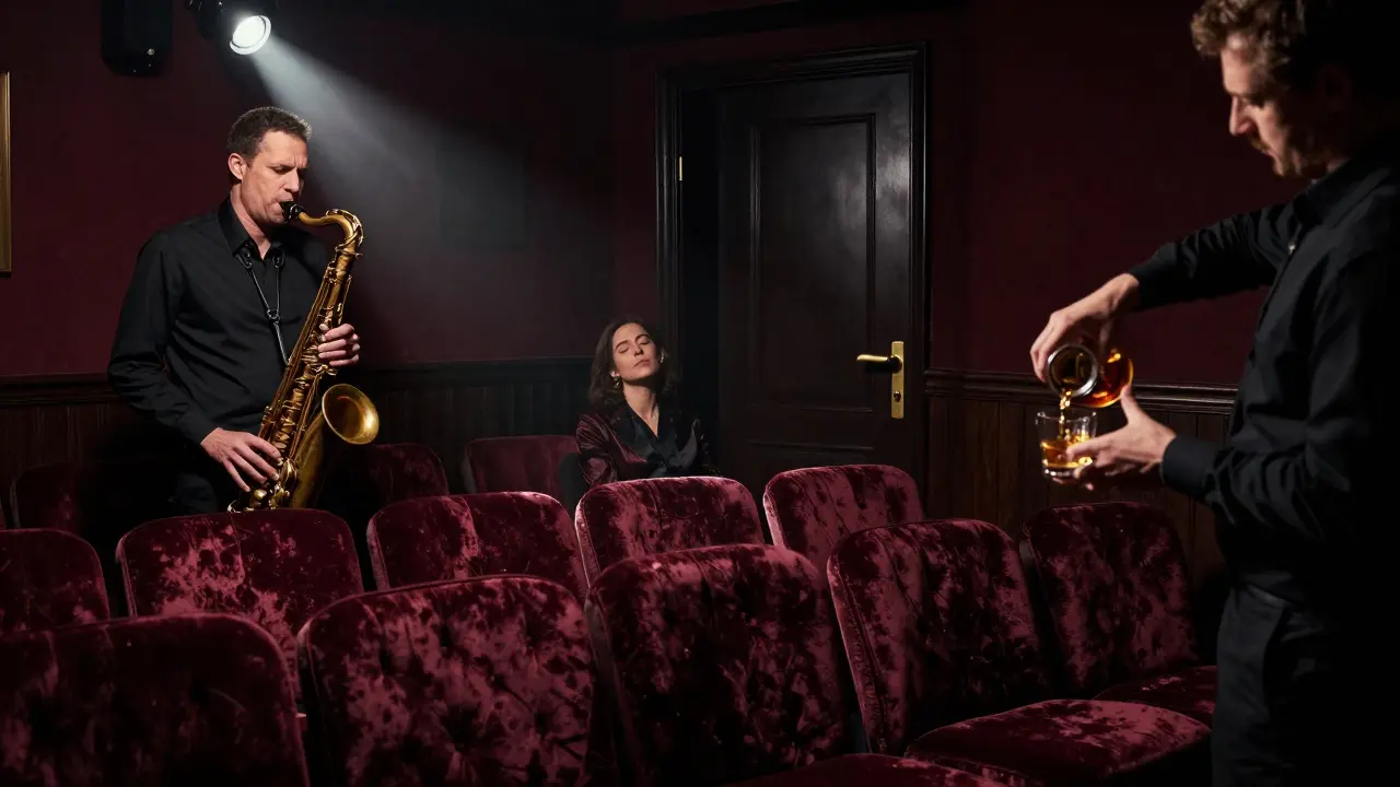 Intimate jazz club L’Ile de Paris with saxophonist and lone listener.