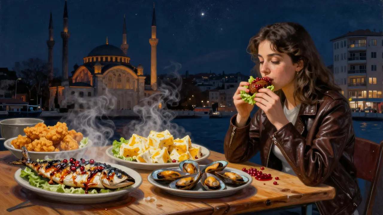 Midnight street food stall in Kadikoy with grilled fish, cheese, and someone eating çiğ köfte.