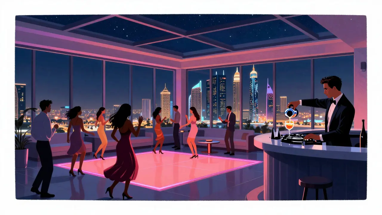 Modern rooftop bar with dance floor and skyline reflections, lit by neon and stars above a vibrant crowd.