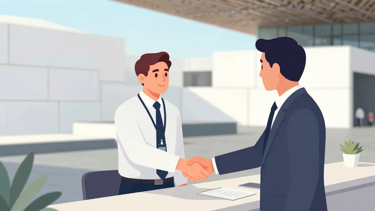 Professional event staff shaking hands at corporate conference.