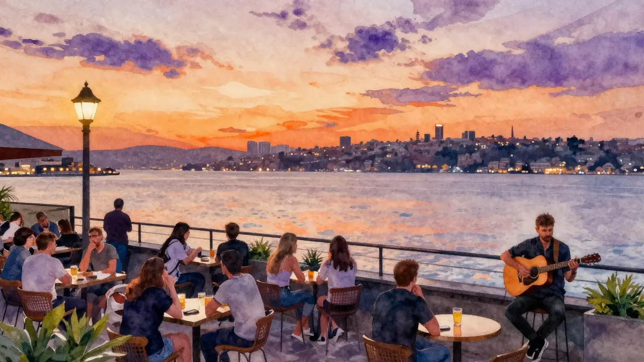 Rooftop bar at Moda Park with sunset Bosphorus view and acoustic music.
