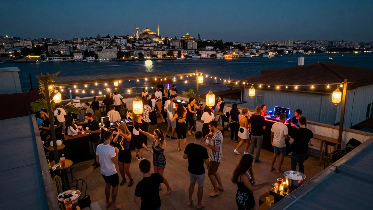 Rooftop party in Karaköy with skyline view and people dancing under lantern lights.