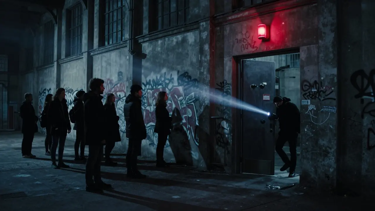Silent line of people in black outside an underground techno club, dim red lighting and industrial walls.