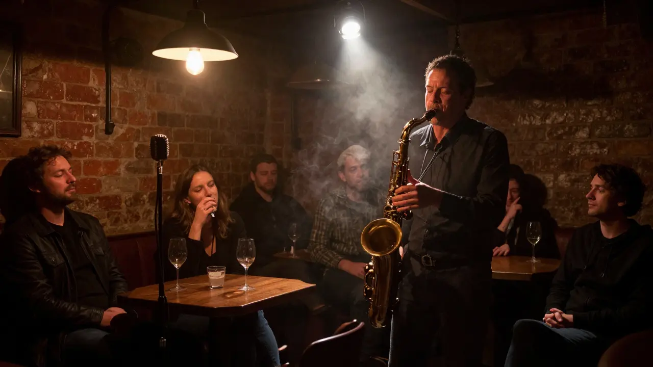 Smoky jazz cellar at midnight, a saxophonist playing intently as listeners sit in quiet awe.
