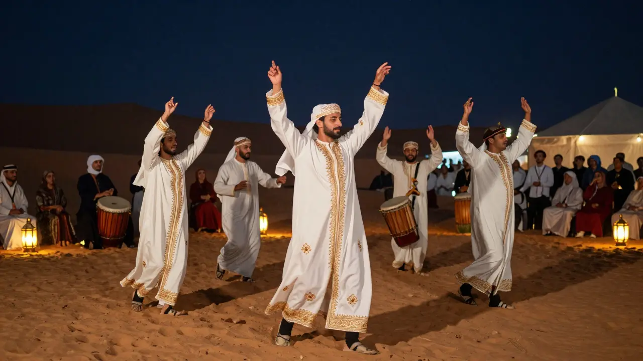 Traditional Emirati Ayala dance under desert night sky
