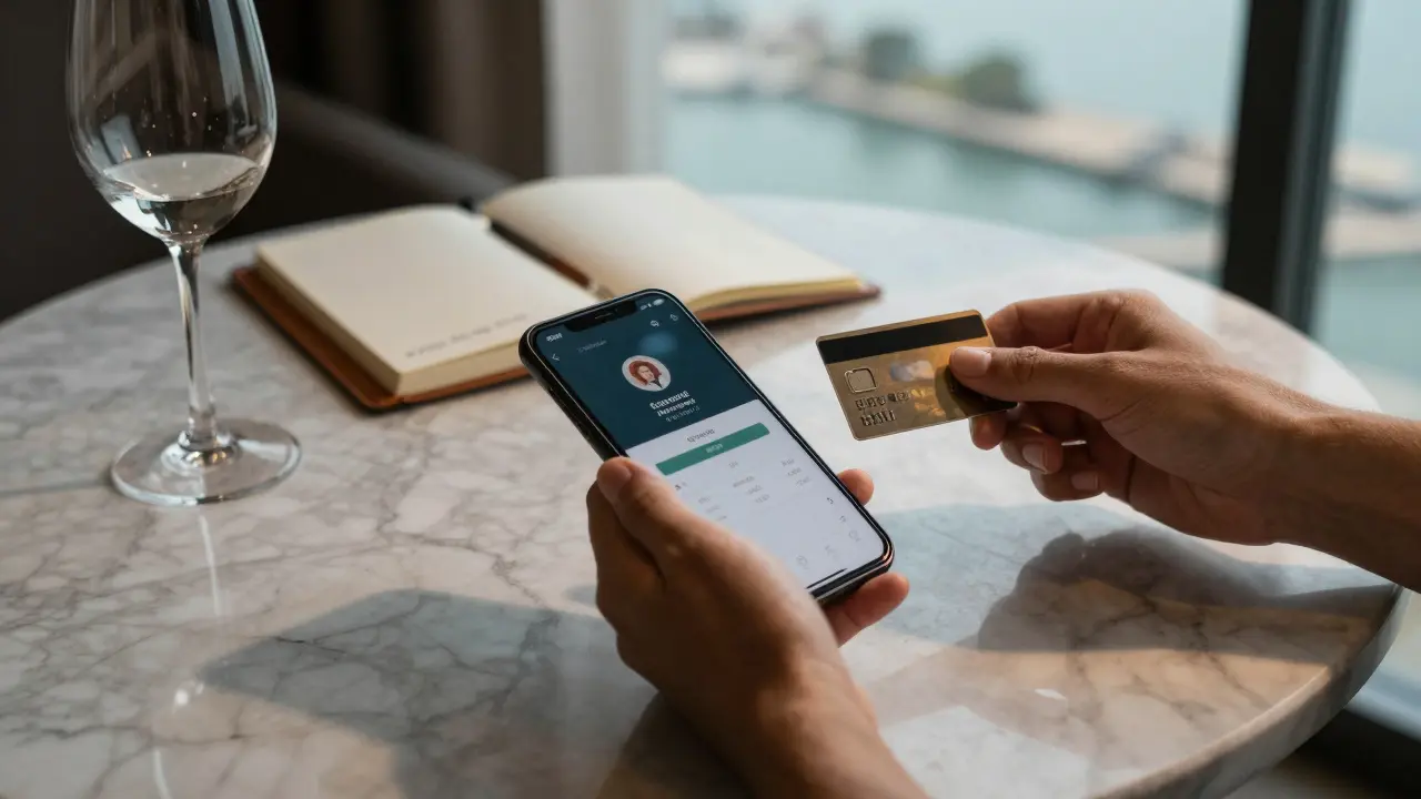Two hands on a marble table—one showing a secure payment, the other holding a hotel keycard, with a view of the city.
