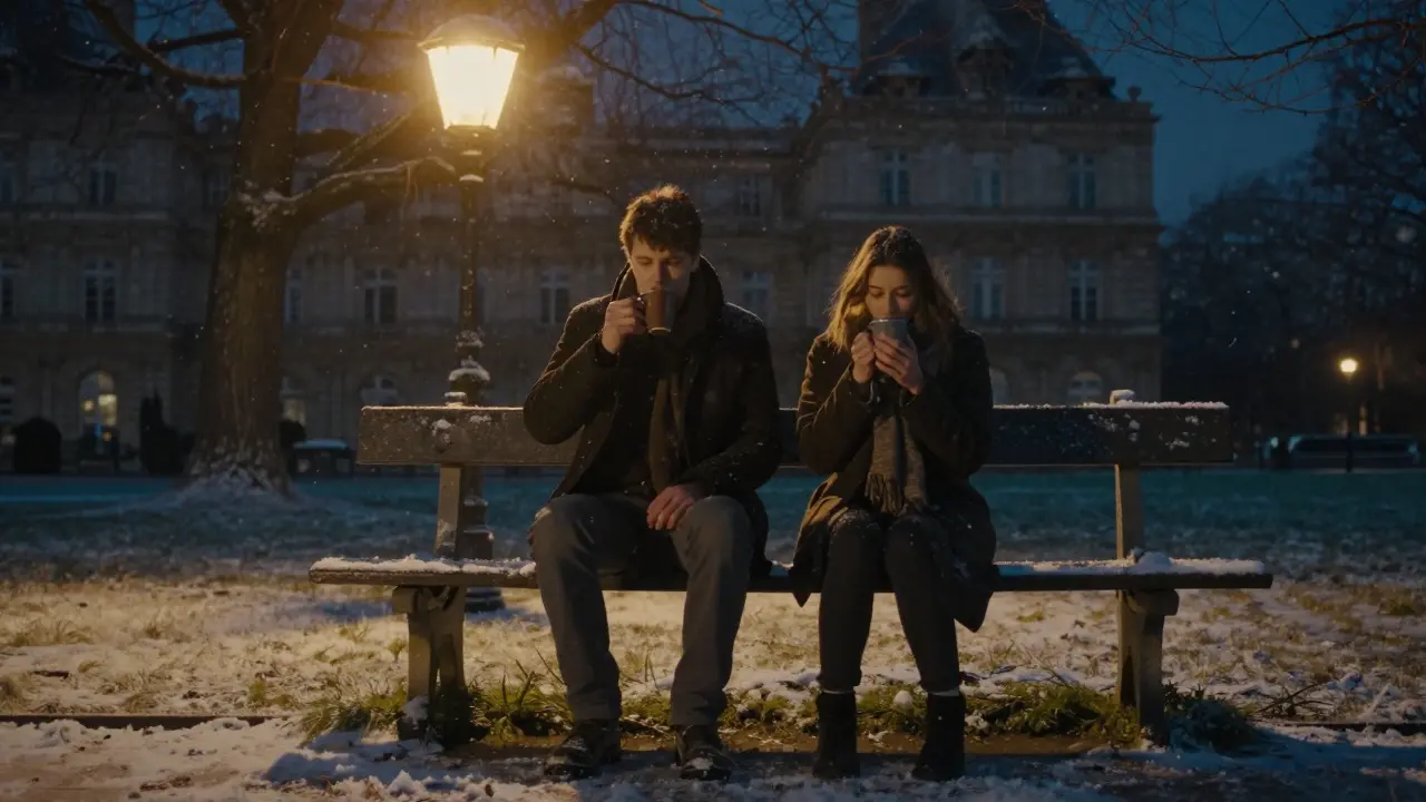 Two individuals on a bench in Luxembourg Gardens at midnight, sharing hot chocolate in peaceful silence.