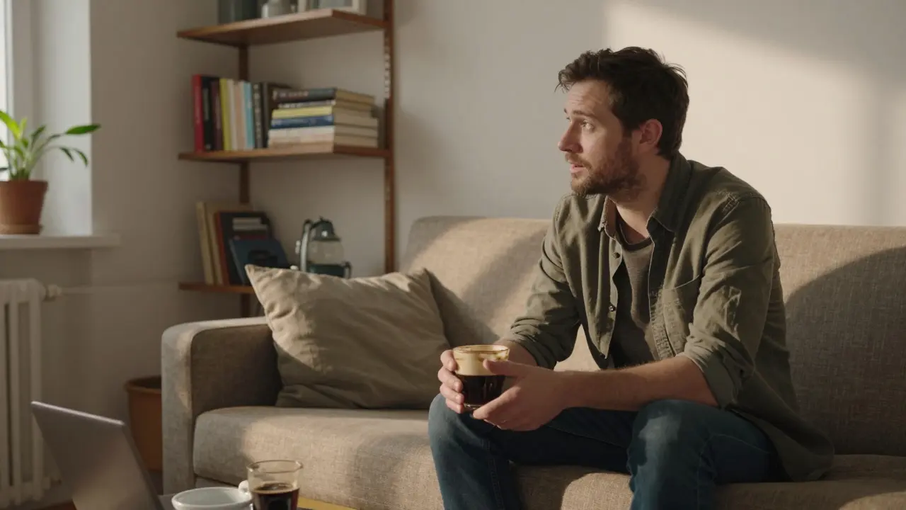 Two people in a cozy Berlin apartment, one listening attentively to the other over a cup of coffee, no physical contact.