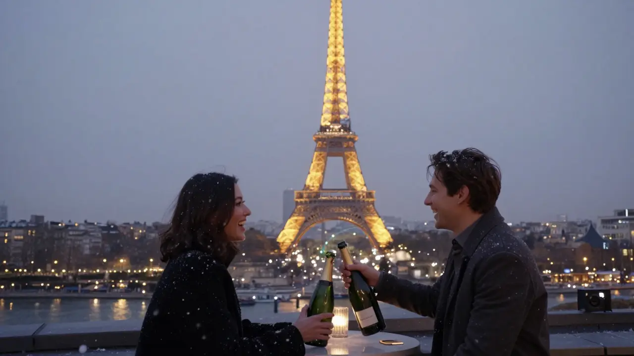 Two people share champagne on a rooftop as the Eiffel Tower sparkles, snow falling gently over Paris at dusk.