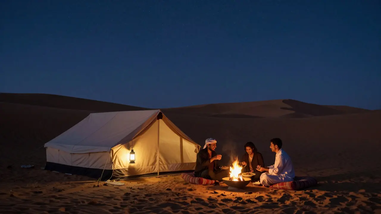 Two people sharing a quiet Bedouin-style dinner under the stars in the Dubai desert.